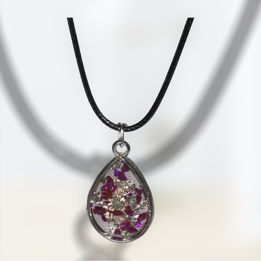 Handmade Resin Teardrop Necklace | Purple Glitter Pendant